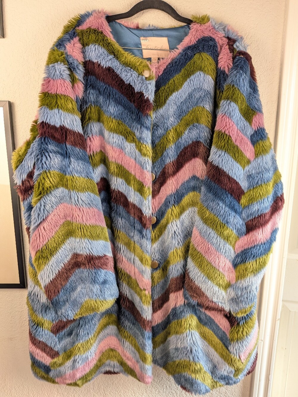 Anthropologie Hutch Chevron Faux Fur Coat 3X Long Sleeve Pockets Like New Cond